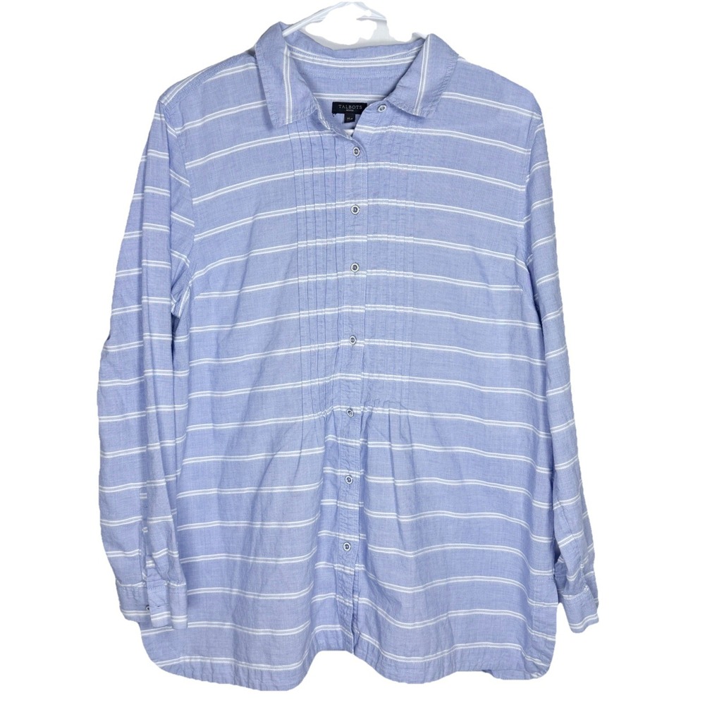 Talbots Petites XLP‎ Blue White Striped Pintuck Shirt Coastal Grandmother Cotton